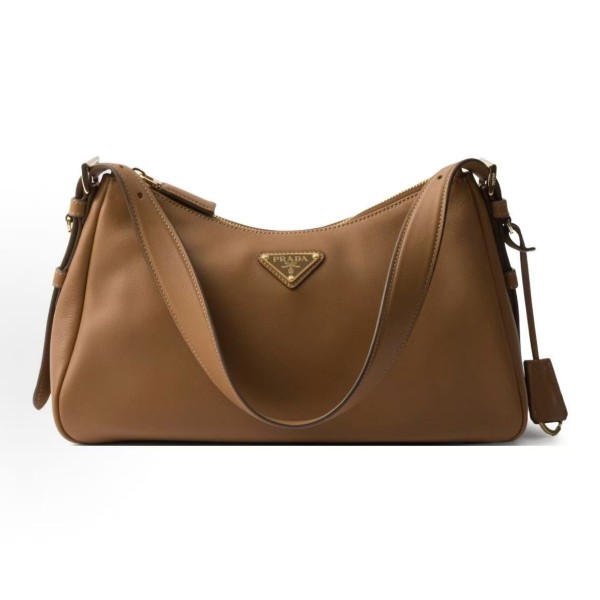 PRADA Aimee enamel metal triangular logo zipper opening and closing hand-held shoulder bag, medium-sized women\'s caramel brown